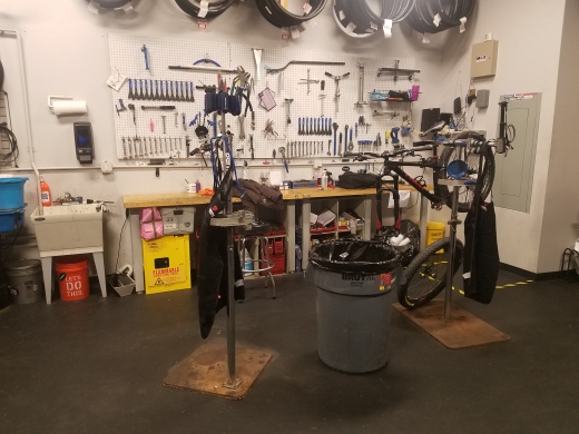 Picture of the service area of the bike shop after being thoroughly cleaned. 